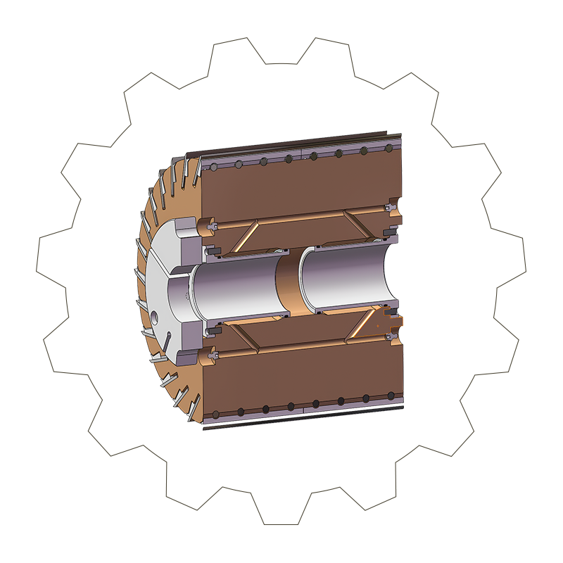A technical illustration of a cross-section of a mechanical component with gears and cylindrical elements, surrounded by a gear-shaped outline on a white background.