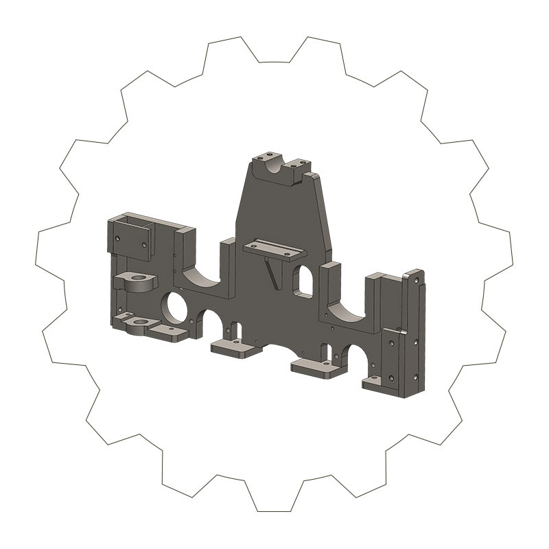3D-rendered CAD model of a mechanical bracket or machine part, displayed in front of a faint, outlined gear shape on a white background.