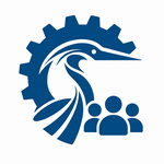 A blue logo featuring a stylized heron merged with a gear, alongside three simplified human figures, on a white background.