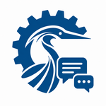 A stylized blue heron is combined with a gear shape and two speech bubbles, representing technology, communication, and collaboration on a white background.