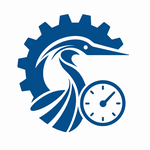 A blue stylized bird, resembling a heron, is integrated with a gear shape in the background and a clock face in the foreground, all on a white background.