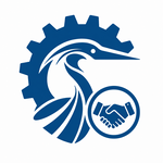 A blue stylized heron is combined with a gear shape in the background, and a handshake inside a circle appears in the foreground, symbolizing collaboration and industry.