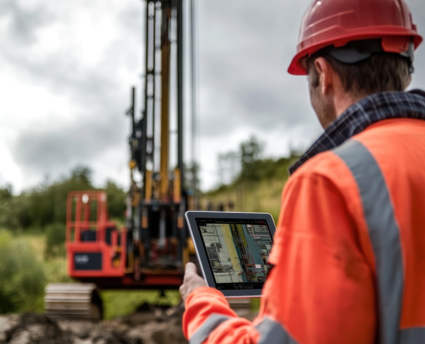 A construction worker in an orange safety jacket and red helmet uses a tablet at a worksite, where drilling equipment supports mining services amid greenery and a cloudy sky.