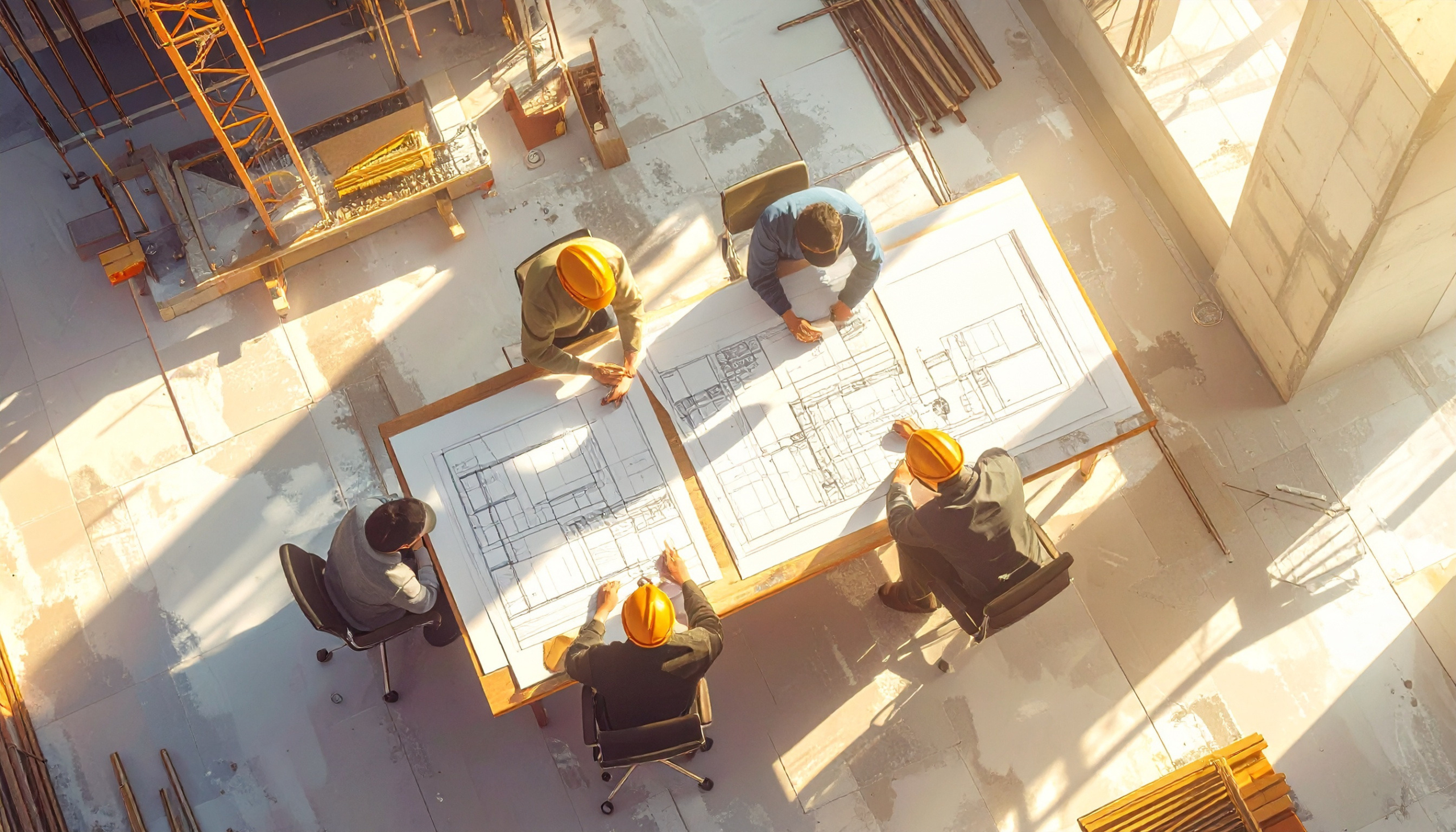 Four people wearing yellow hard hats review large blueprints on tables at a construction site, surrounded by building materials and sunlight streaming through windows, collaborating on Infrastructure Services projects.