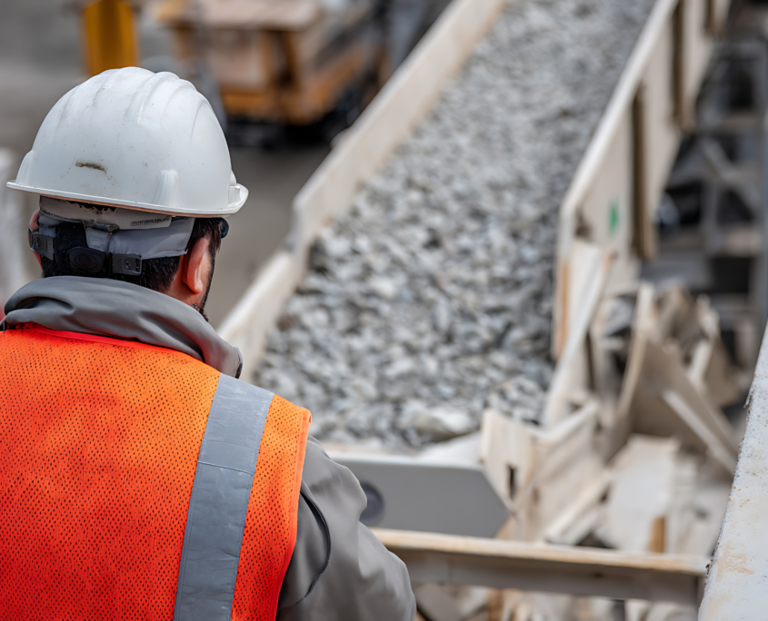 A worker in a white hard hat and orange safety vest observes a conveyor belt carrying gravel or rocks, showcasing mining services at an industrial construction or mining site.