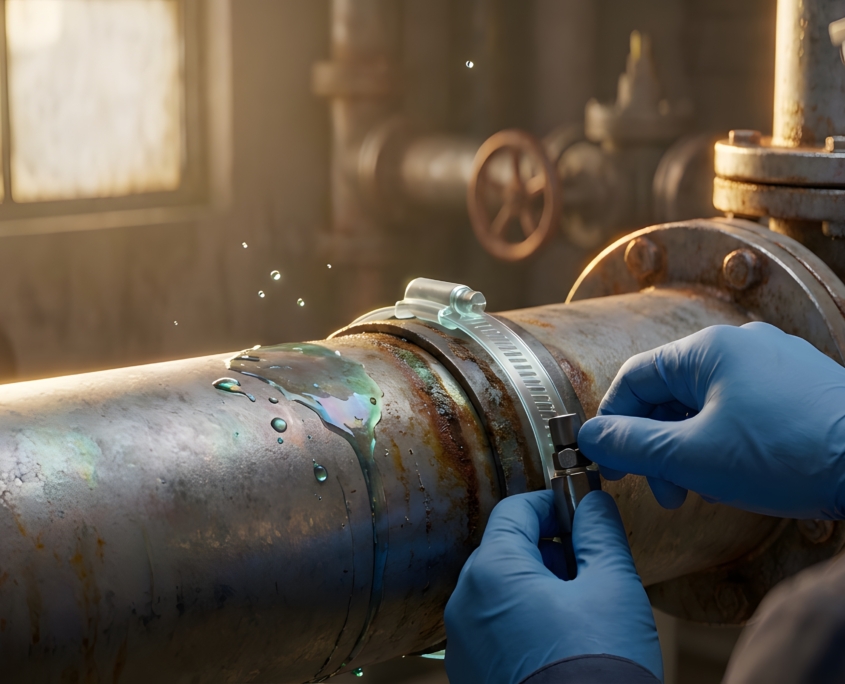 A person wearing blue gloves, working in Mining Services, measures a leak on a rusty industrial pipe with calipers as water sprays out. A warning sign reads “Caution: Hot Fluids,” while sunlight filters through a nearby window.