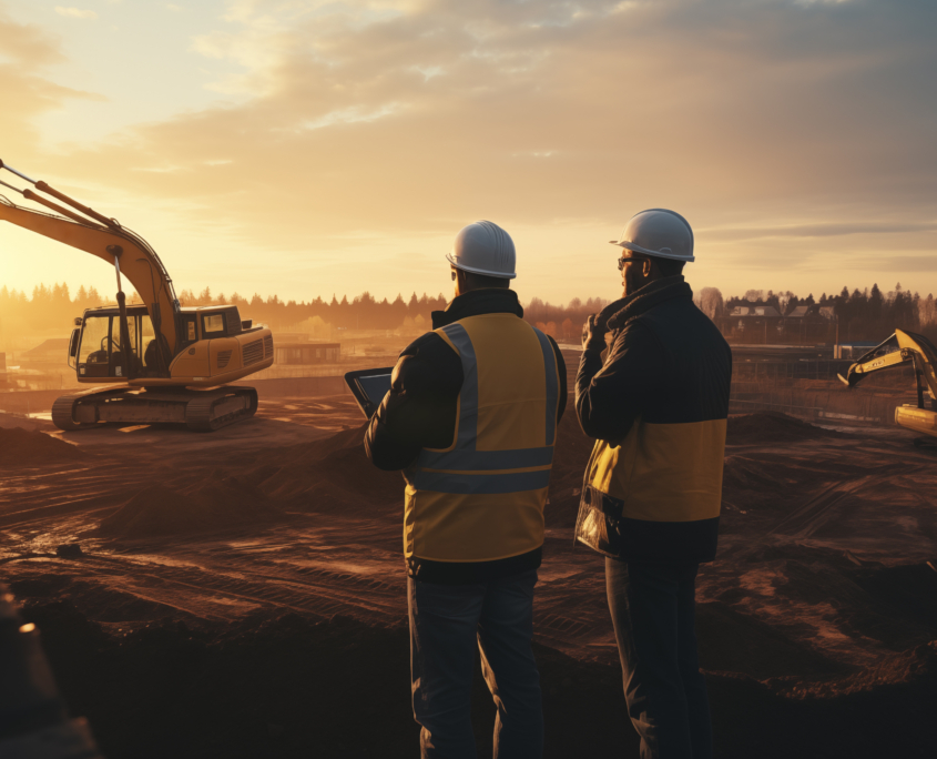 Two construction workers in safety vests and helmets observe a building site at sunset, where excavators, often used in mining services, operate in the background under a cloudy sky.