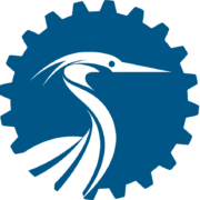 A stylized white heron is depicted in front of a blue gear, blending nature and manufacturing elements in a minimalist logo design.