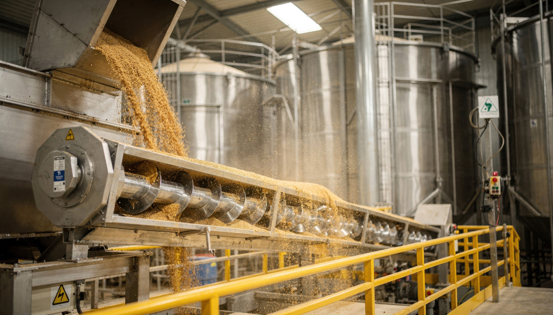 Golden grain pours from a machine onto a conveyor system, showcasing advanced bulk material handling inside a modern industrial facility with large metal storage tanks and yellow safety railings in the background.