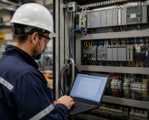 A man wearing a white hard hat and safety glasses uses a laptop in front of an open industrial control panel filled with wires and electronic components in a factory setting.