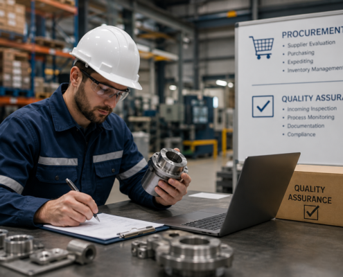 An engineer wearing a white hard hat and safety glasses inspects a metal part at a desk, writing notes. A laptop, metal components, and a Quality Assurance box are nearby, with a procurement and QA checklist in the background.