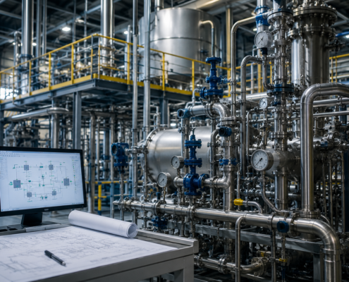 A modern industrial facility with complex stainless steel pipes, gauges, and tanks. In the foreground, a computer monitor displays a process diagram beside blueprints, highlighting engineering work and Structural Analysis Services in Canada.