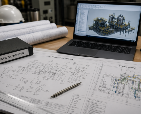 A desk with engineering blueprints, a pen, ruler, process documentation binder, and a laptop displaying a 3D industrial plant model highlights Structural Analysis Services in Canada. Rolled-up papers and office supplies are also visible.