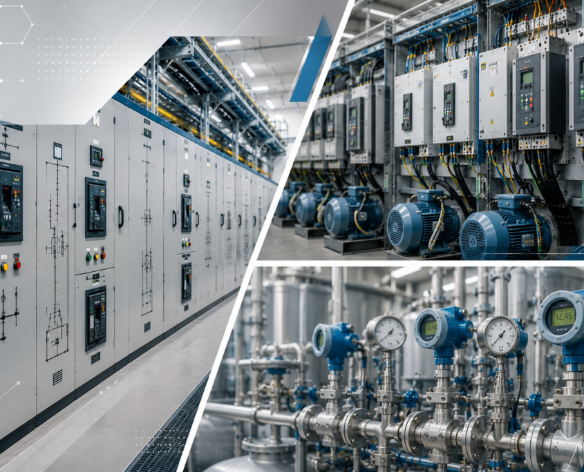 Collage of industrial equipment: control panels and wiring, electric motors with drives, and a series of blue industrial pressure gauges and valves on metal pipes in a clean, modern electrical engineering facility.