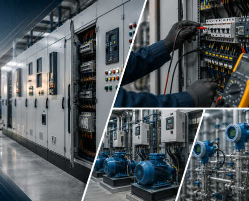 Collage of industrial automation: electrical control panels, a technician testing wires with a multimeter—showcasing Electrical Engineering—blue electrical motors, and industrial sensors on complex piping in a factory setting.