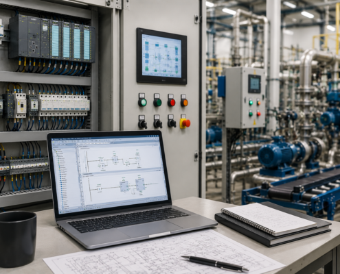 A laptop displaying technical diagrams sits on a desk with a notebook, paper, and coffee mug in an industrial control room, highlighting PLC programming and automation, with electrical panels and machinery visible in the background. A laptop displaying technical diagrams sits on a desk with a notebook, paper, and coffee mug in an industrial control room, highlighting PLC programming and automation, with electrical panels and machinery visible in the background.