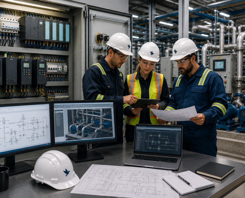 Three engineers wearing hard hats and safety gear discuss documents and a tablet in an industrial control room, with monitors showing technical schematics and control panels—providing commissioning support as blueprints spread across the foreground desk.