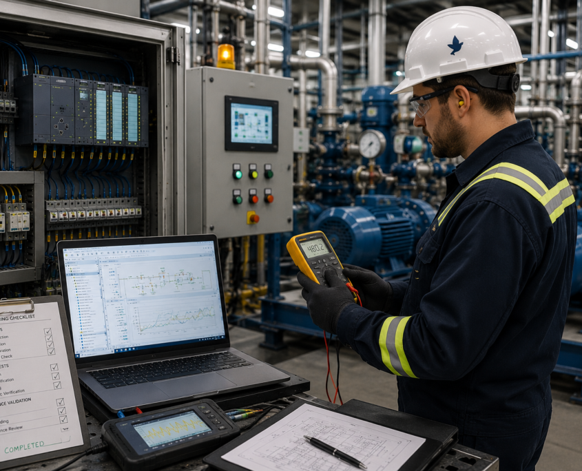 A worker in safety gear uses a digital meter in an industrial facility, providing commissioning support, with control panels, a laptop displaying data, a checklist, and machinery visible in the background.