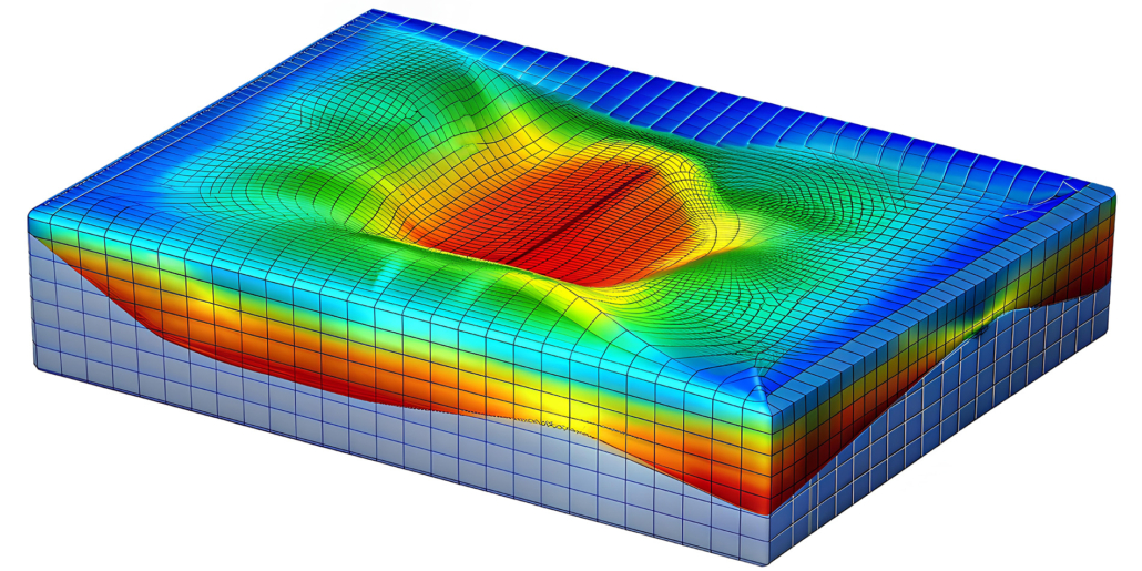 A 3D simulation, ideal for Structural Analysis Services in Canada, displays a rectangular grid with a central depression. The color-coded surface—from blue at the edges to red and green in the center—highlights varying data values or stress distribution.
