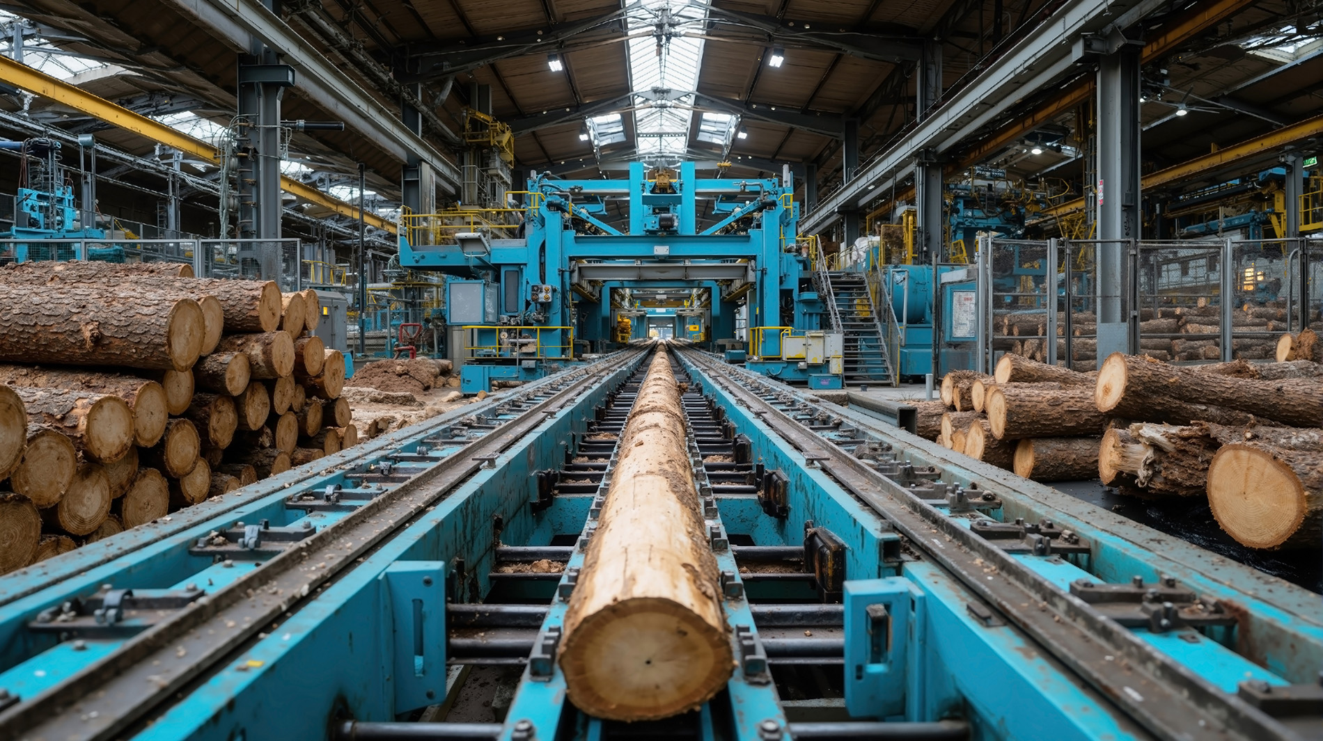Large logs are stacked and placed on automated machinery in a spacious, modern sawmill. Conveyor belts and industrial equipment process timber inside a high-ceilinged warehouse, reflecting advanced Forestry Services with metal beams and skylights overhead.